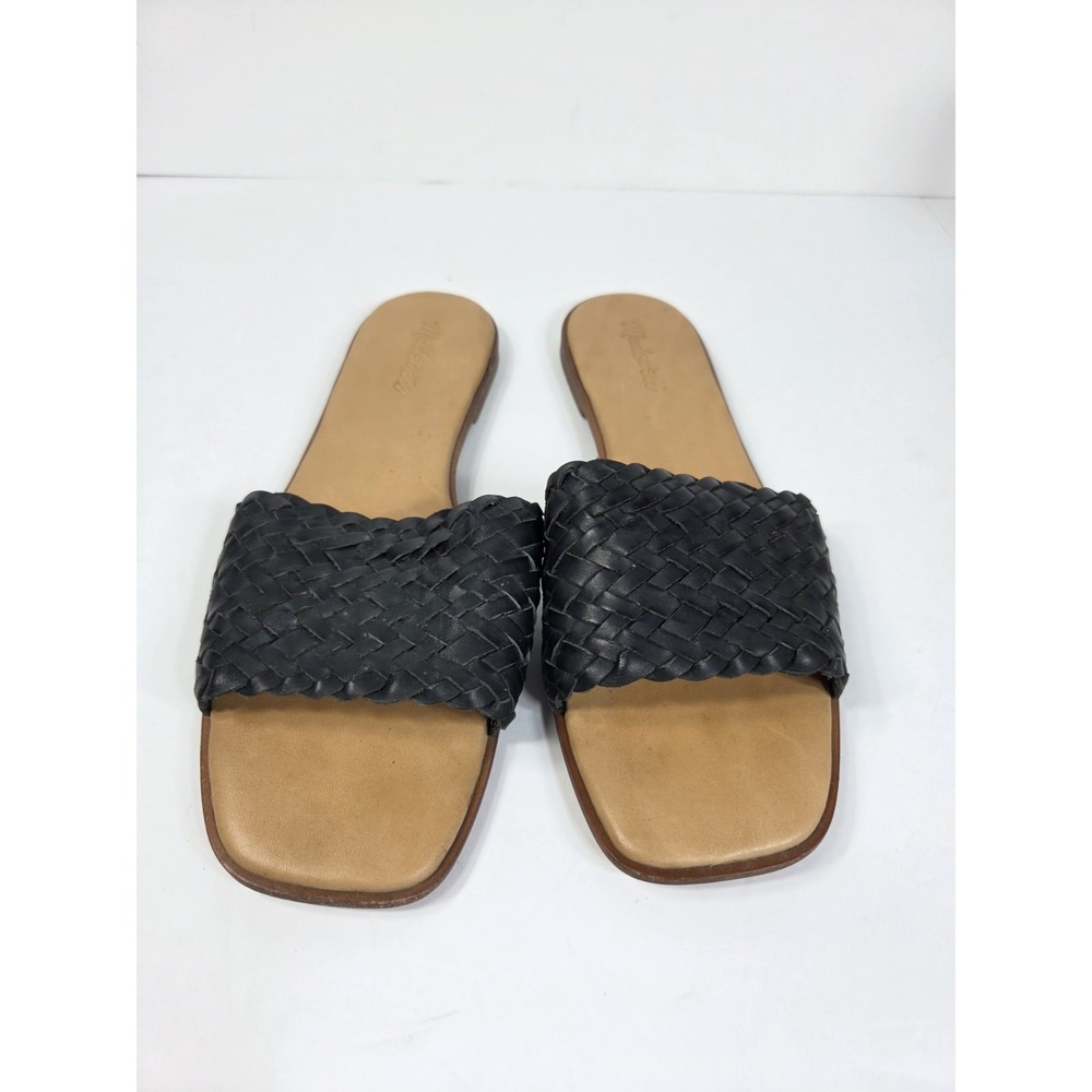 Madewell Lianne Sandals Sz 10 Black Leather Woven Slides Slip On Flats Women